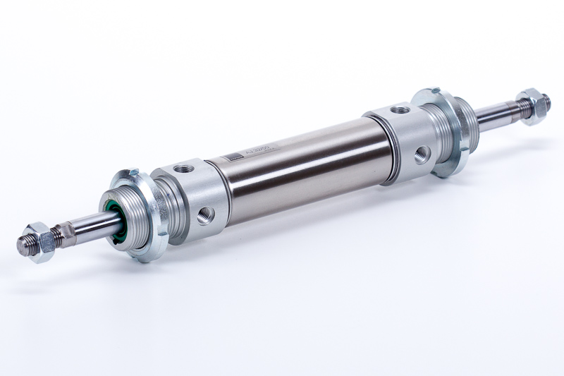 Double acting, through piston rod