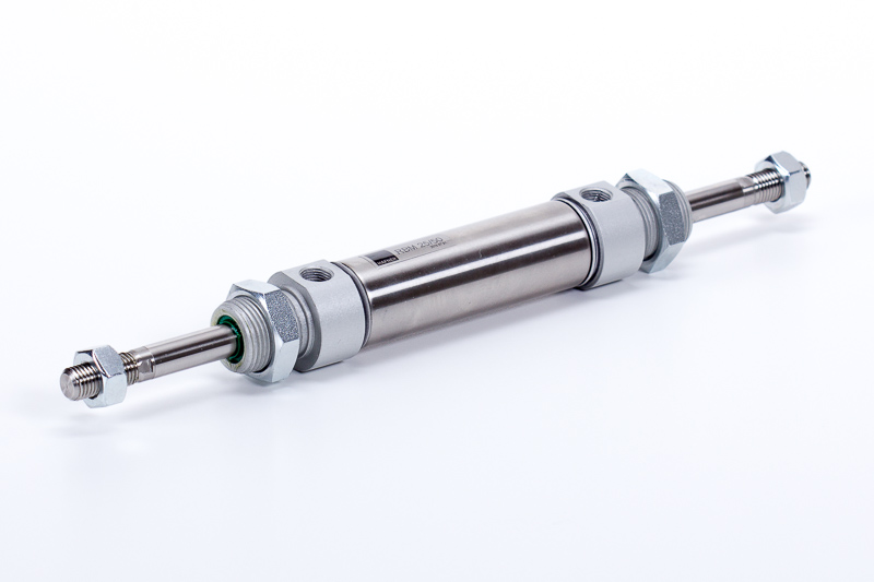Double acting, through piston rod