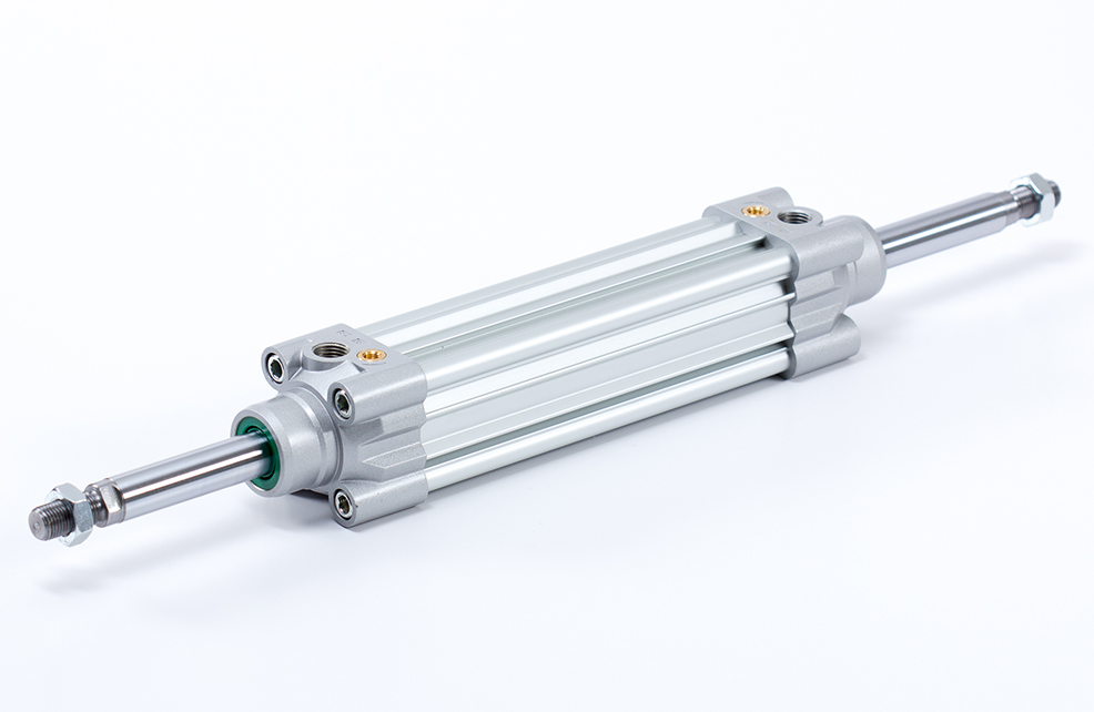 Double acting, through piston rod